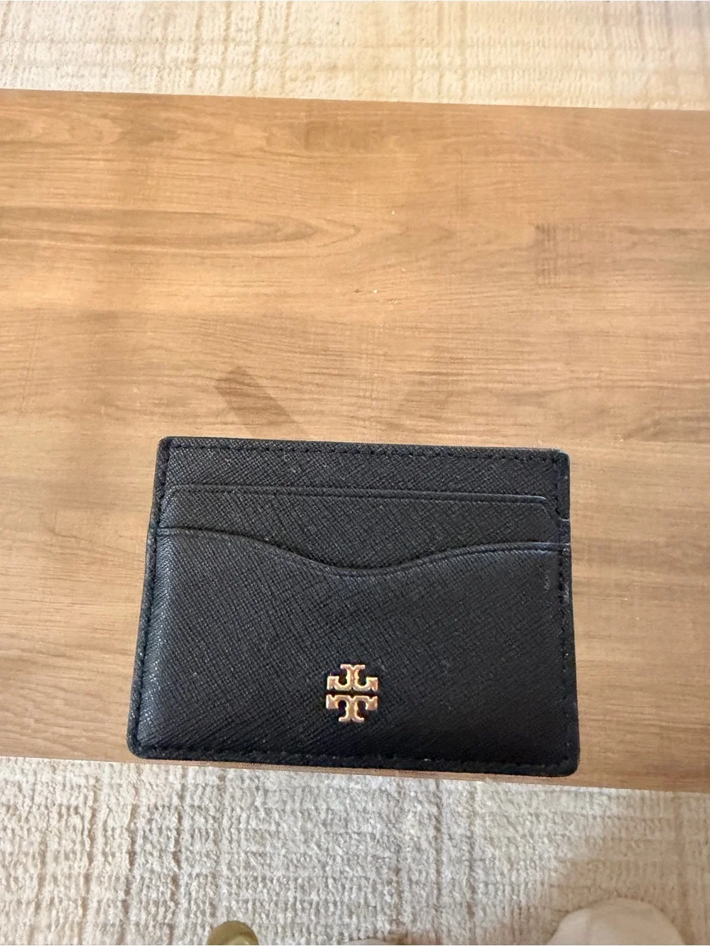Tory Burch Black Leather Card Holder with Gold Logo Accent